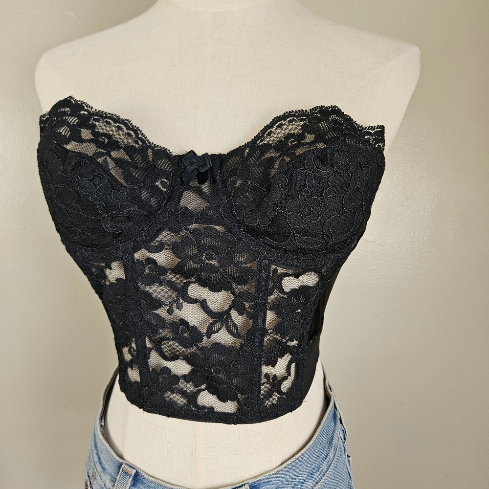 90s Victoria's Secret Bustier Sz 36A Black Lace Satin Underwire Bra Top